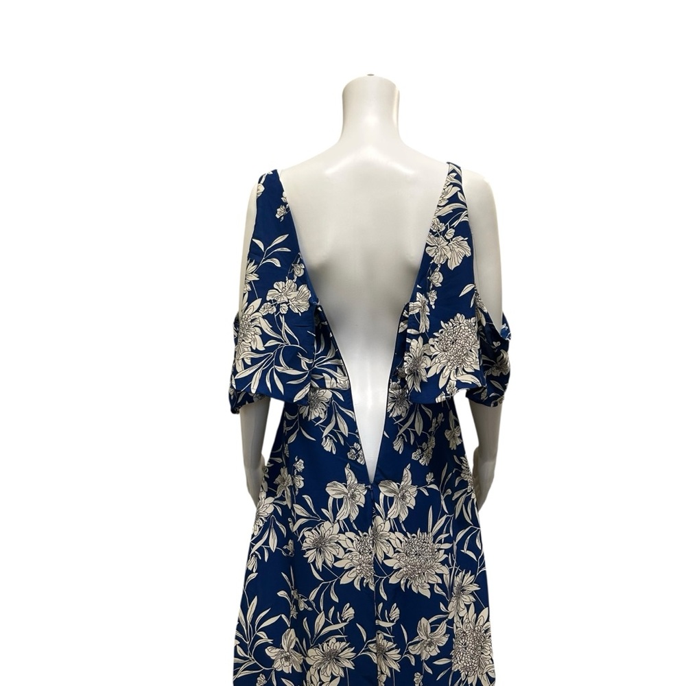DEX Cold Shoulder Maxi Dress Blue Dahlia Floral Tiered Ruffle V-Neck Size M - Picture 8 of 11